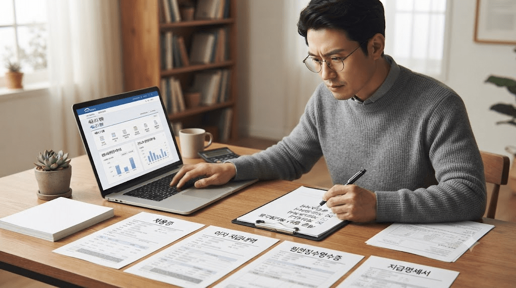 노트북 또는 컴퓨터 화면과 서류를 확인하는 남성