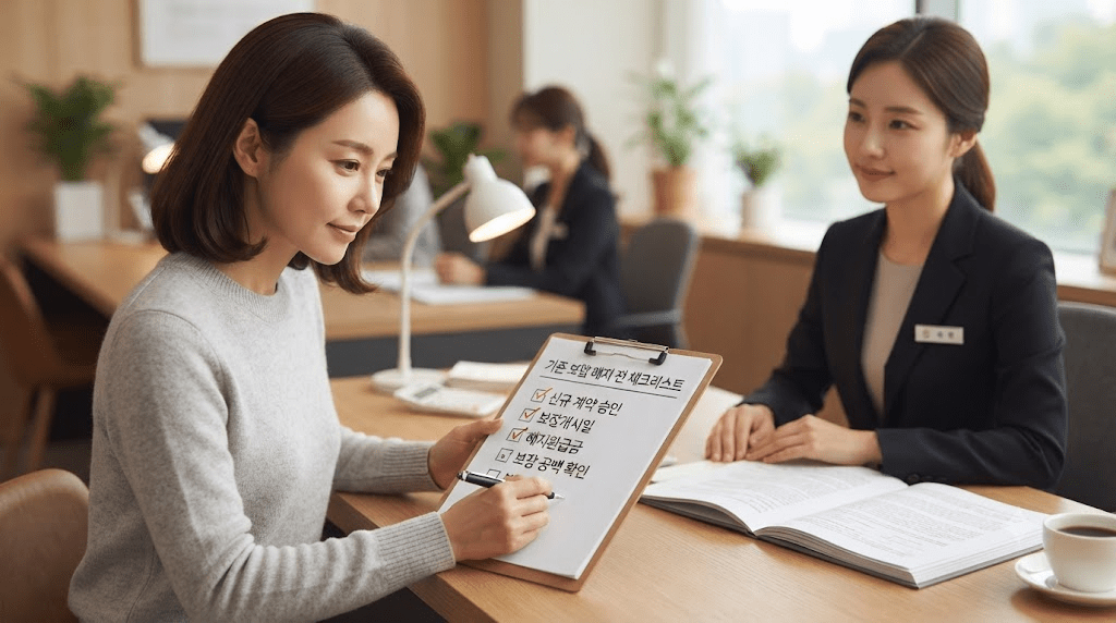 상담 창구에서 서류를 함께 검토하는 두 사람
