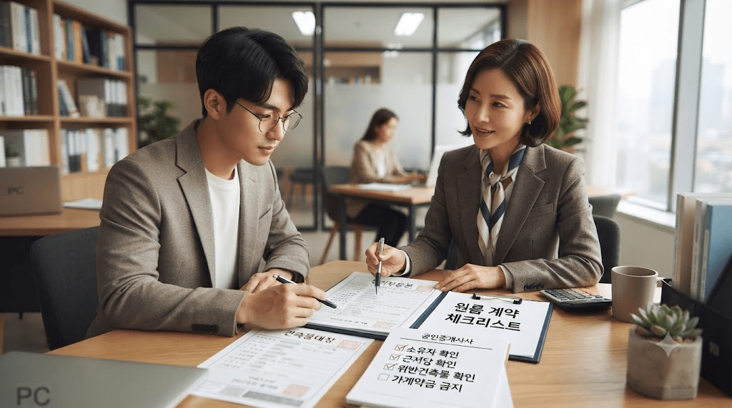 상담 창구에서 서류를 함께 검토하는 두 사람
