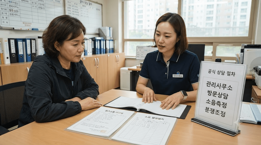 상담 창구에서 서류를 함께 검토하는 두 사람