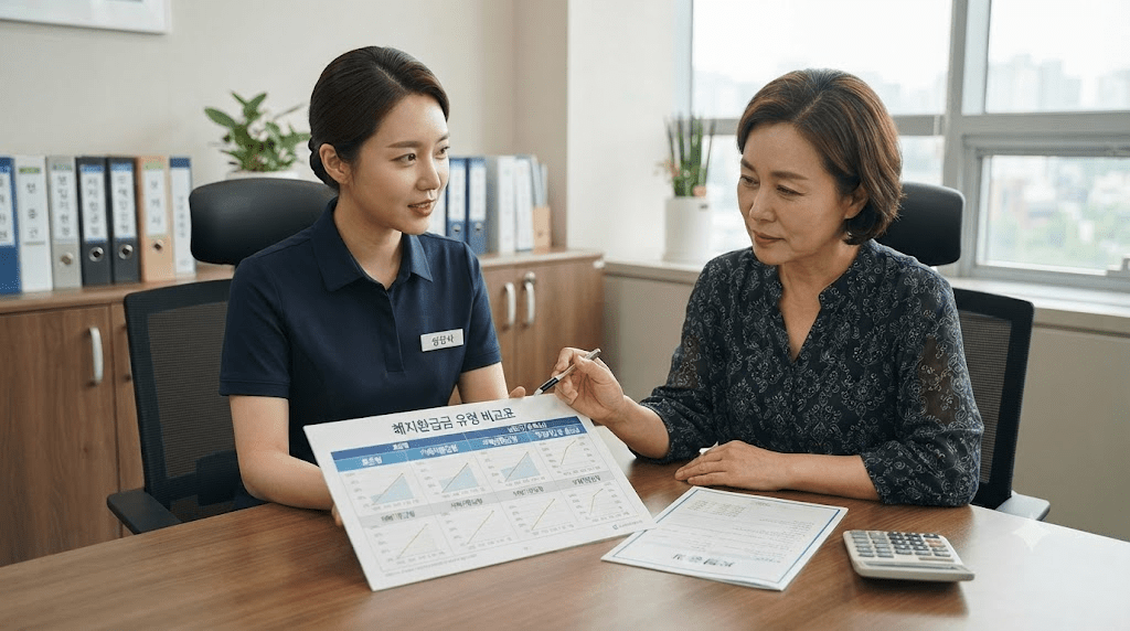 상담 창구에서 서류를 함께 검토하는 두 사람