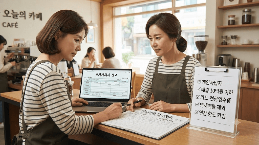 가게에서 서류를 검토하는 앞치마 차림 여성들
