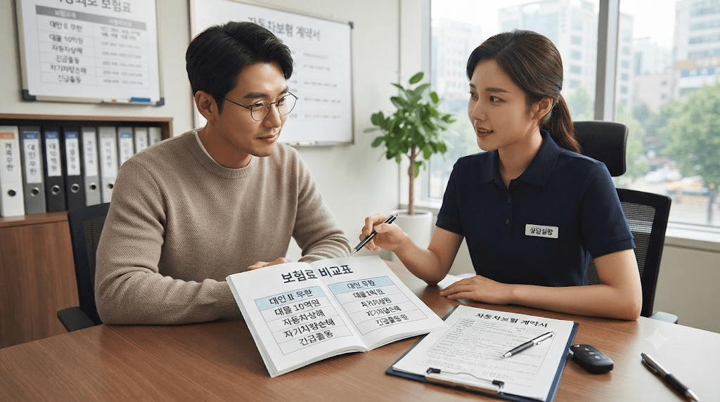 상담 창구에서 서류를 함께 검토하는 두 사람
