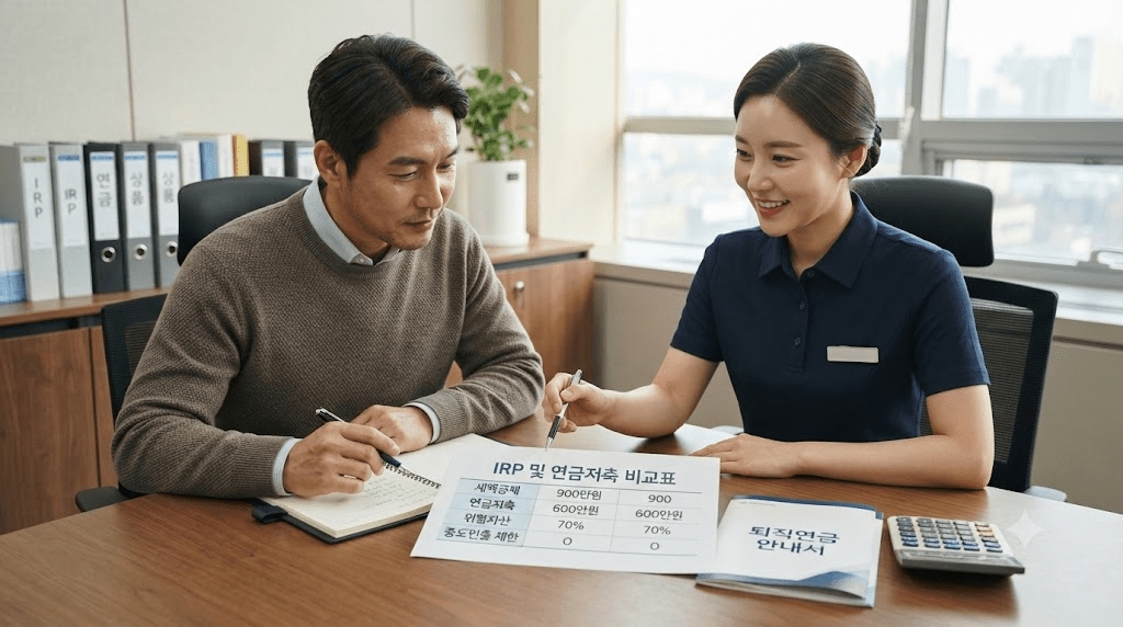 상담 창구에서 서류를 함께 검토하는 두 사람