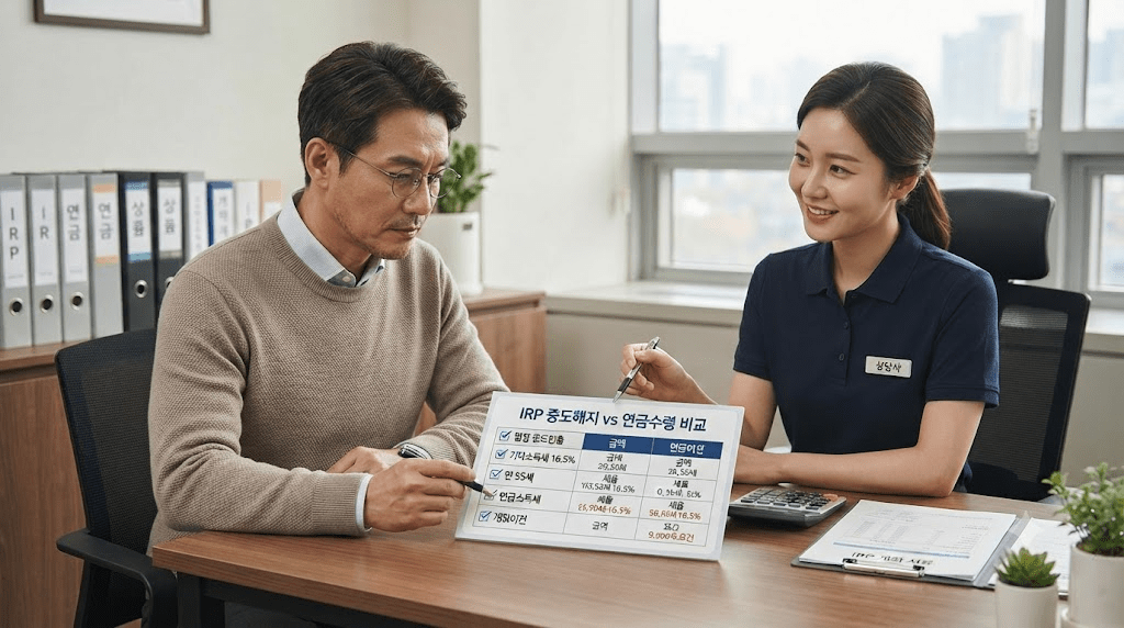 상담 창구에서 서류를 함께 검토하는 두 사람
