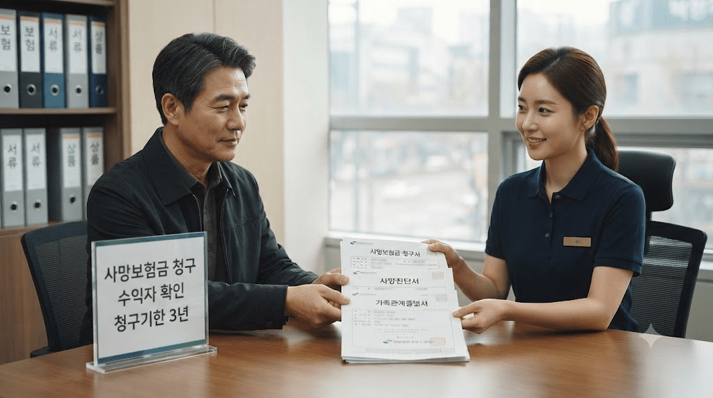 상담 창구에서 서류를 함께 검토하는 두 사람