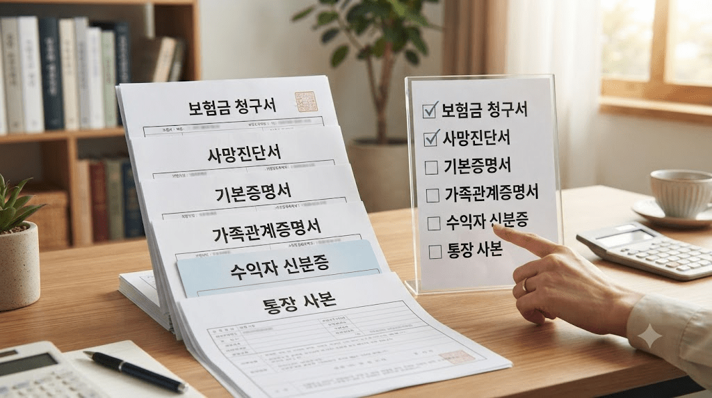 서류의 확인 항목을 가리키는 손