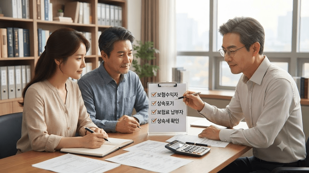 상담 창구에서 서류를 함께 검토하는 두 사람
