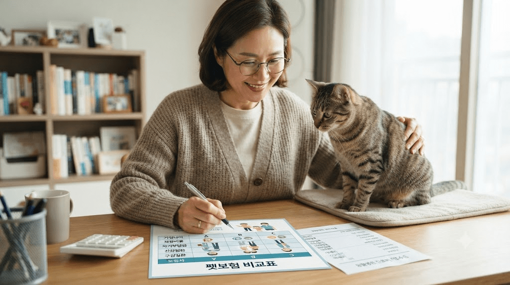 고양이 옆에서 서류를 확인하는 여성