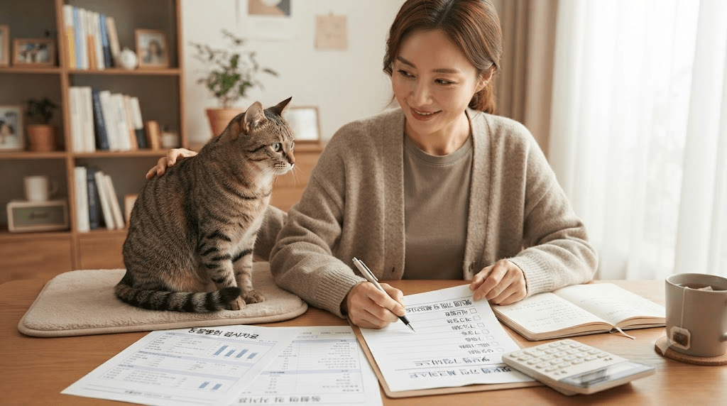 고양이 옆에서 안내 자료를 작성하는 여성