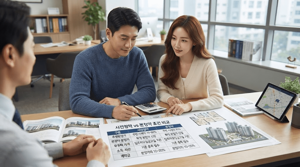 상담사와 신청 서류를 확인하는 부부