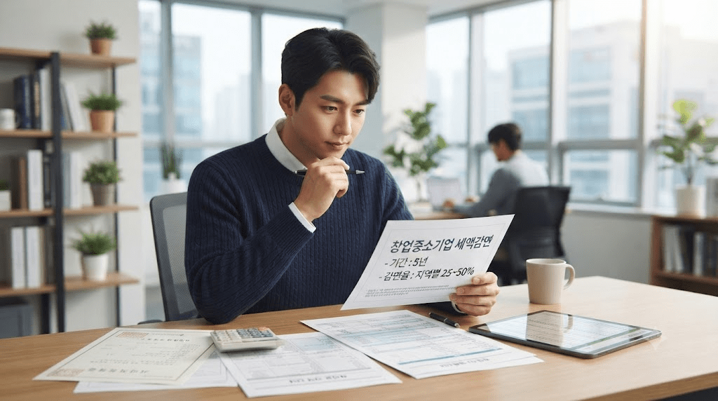 책상에 펼친 서류를 검토하는 남성