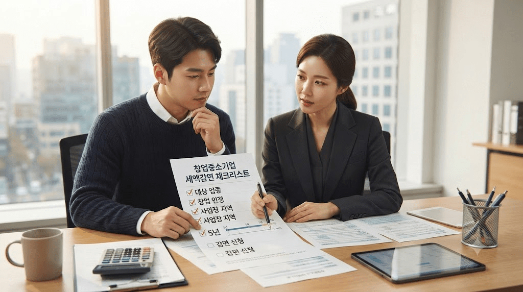 상담 창구에서 서류를 함께 검토하는 두 사람