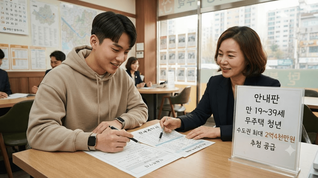 상담 창구에서 서류를 함께 검토하는 두 사람