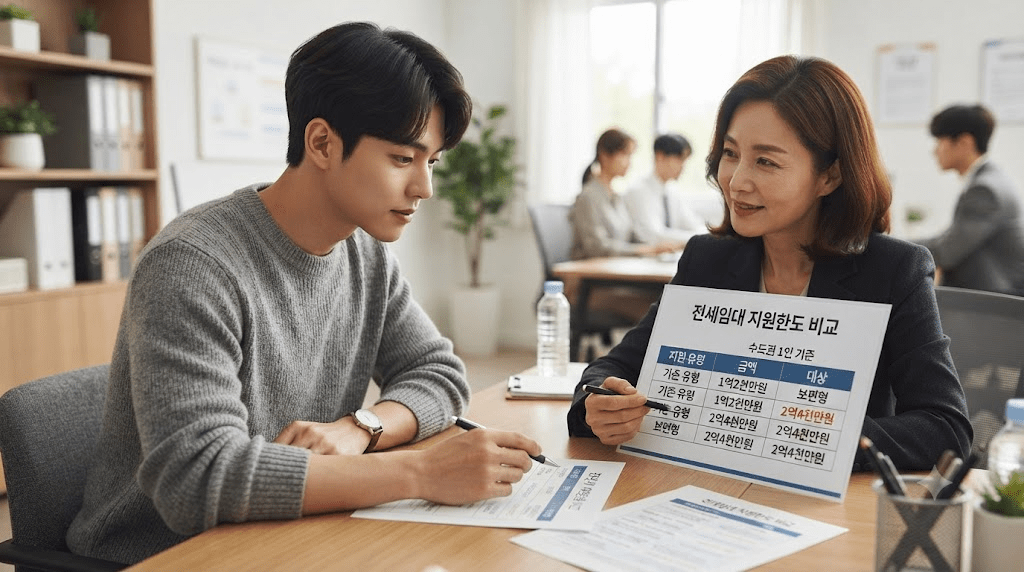 상담 창구에서 서류를 함께 검토하는 두 사람