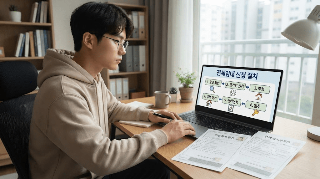 노트북 또는 컴퓨터 화면과 서류를 확인하는 남성