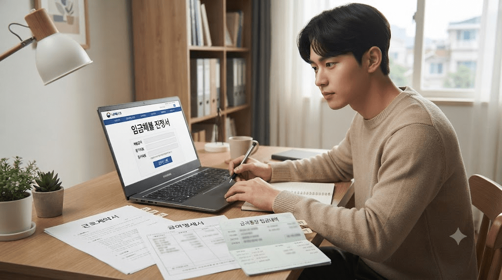 노트북 또는 컴퓨터 화면과 서류를 확인하는 남성