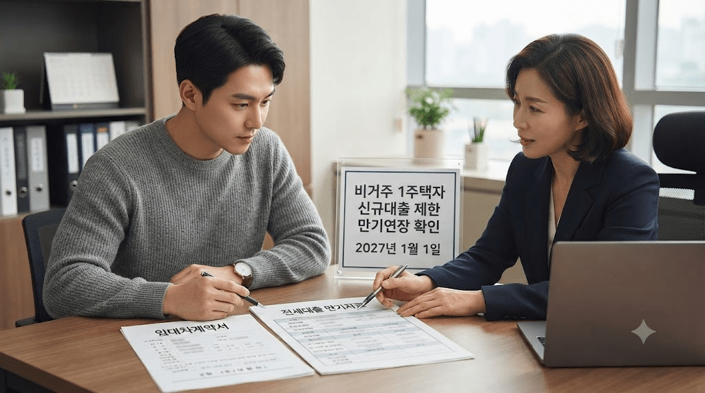 상담 창구에서 서류를 함께 검토하는 두 사람