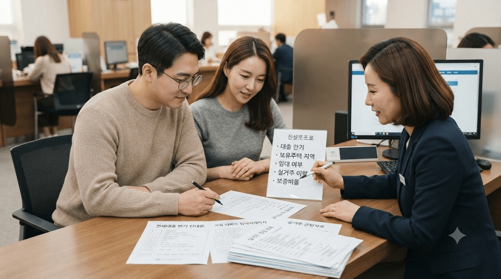 상담사와 신청 서류를 확인하는 부부