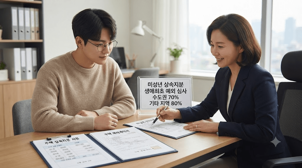 상담 창구에서 서류를 함께 검토하는 두 사람
