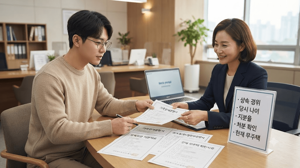 상담 창구에서 서류를 함께 검토하는 두 사람