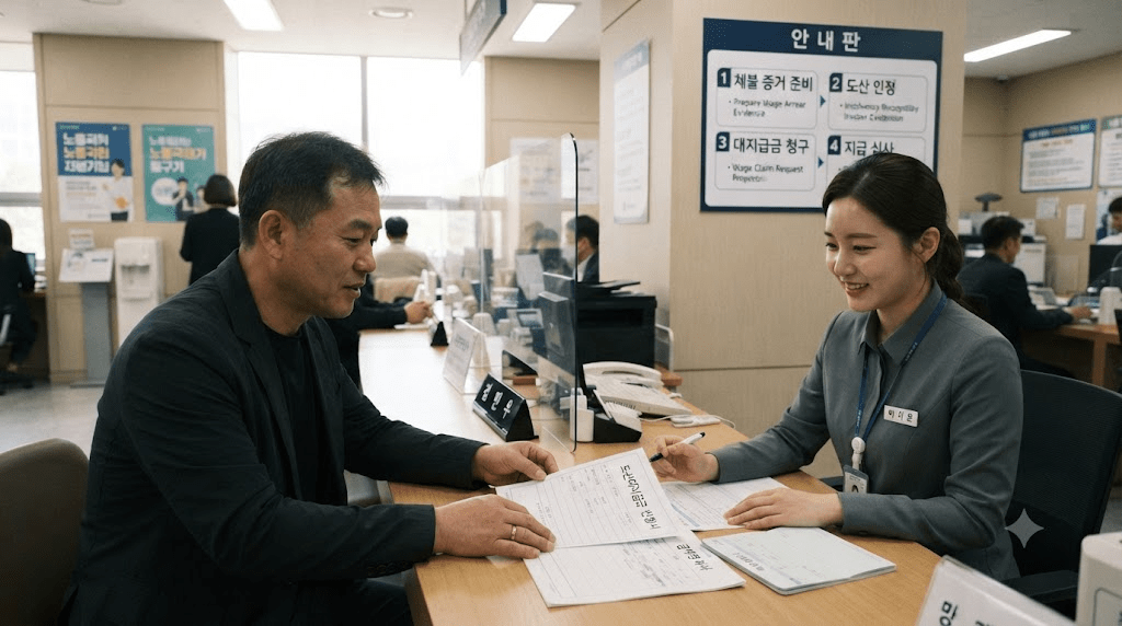 상담 창구에서 서류를 함께 검토하는 두 사람