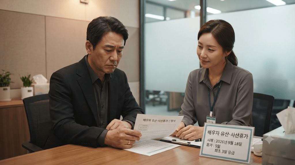 상담 창구에서 서류를 함께 검토하는 두 사람