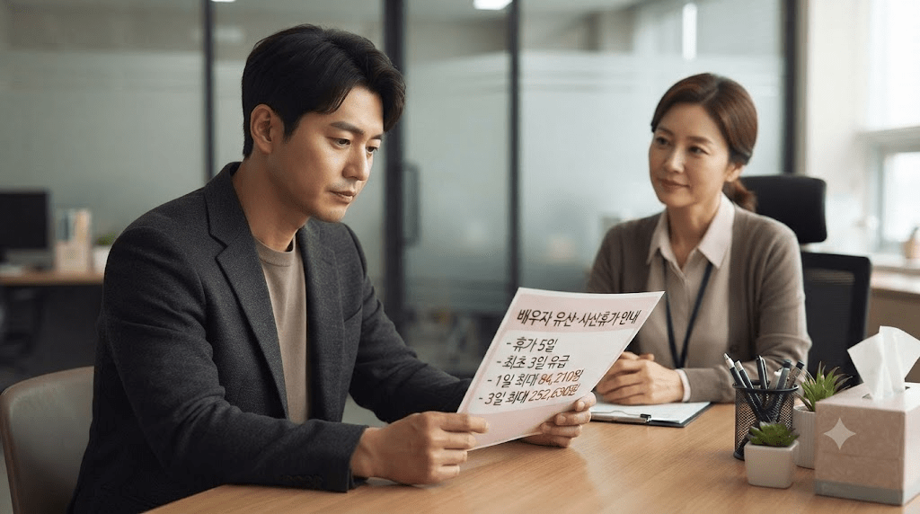 상담 창구에서 서류를 함께 검토하는 두 사람
