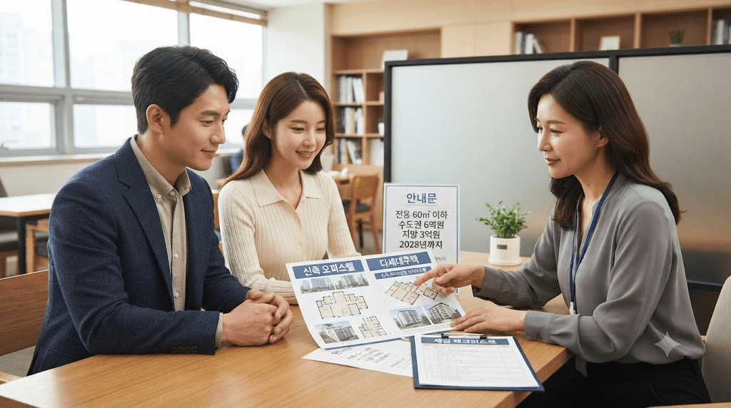 상담사와 신청 서류를 확인하는 부부