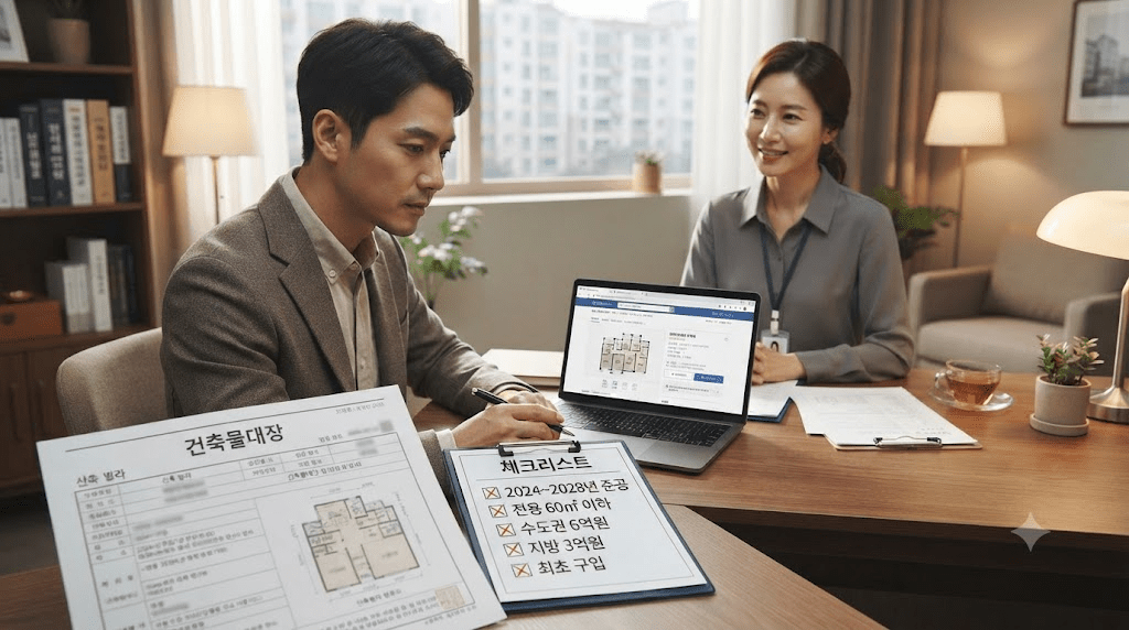 상담 창구에서 서류를 함께 검토하는 두 사람