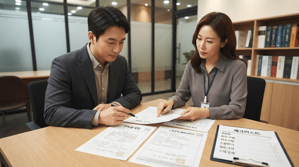 탁자에 펼친 서류를 함께 확인하는 두 사람