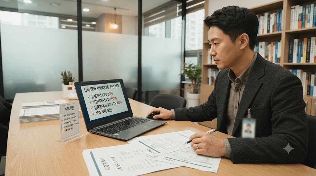 상담 창구에서 서류를 함께 검토하는 두 사람
