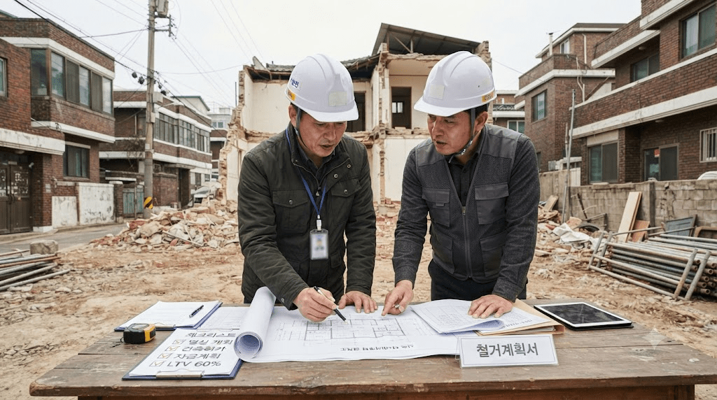안전모를 쓰고 건설 현장 도면을 확인하는 두 남성