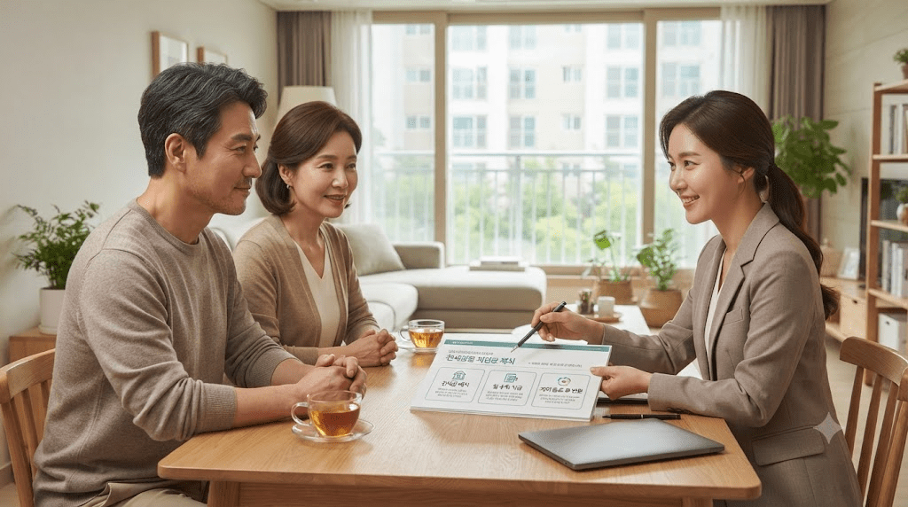 상담 창구에서 서류를 함께 검토하는 두 사람