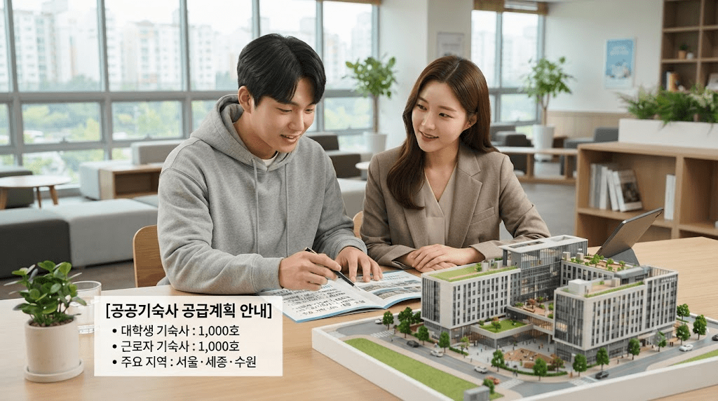 주택 모형과 안내 자료를 함께 확인하는 두 사람