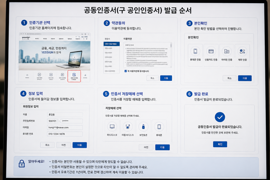 금융인증서 및 공동인증서 발급 절차 인포그래픽