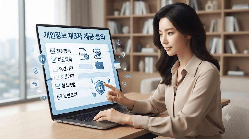 화면의 안내 항목을 가리키는 여성