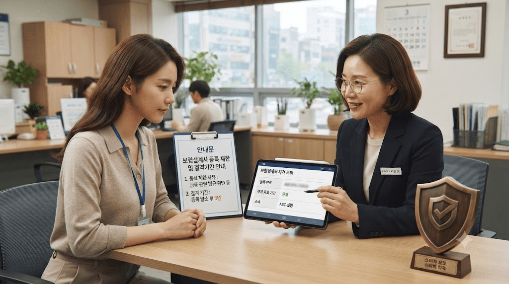 상담 창구에서 서류를 함께 검토하는 두 사람