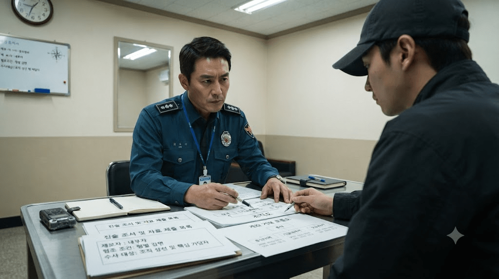 경찰관과 서류를 확인하는 신청자