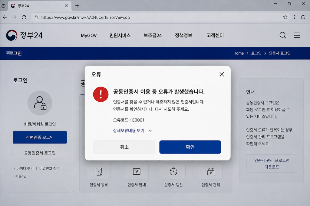 공동인증서 오류 메시지 화면 예시