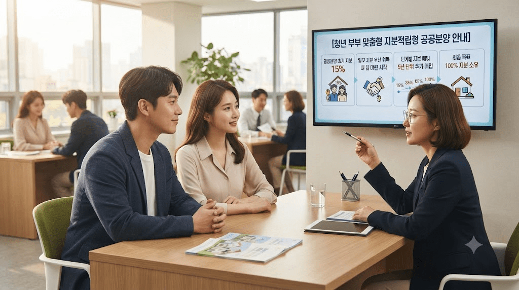 상담사와 신청 서류를 확인하는 부부