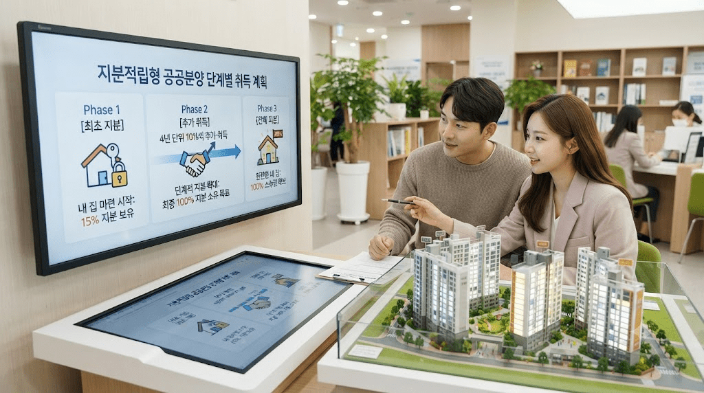 주택 모형과 안내 화면을 확인하는 두 사람