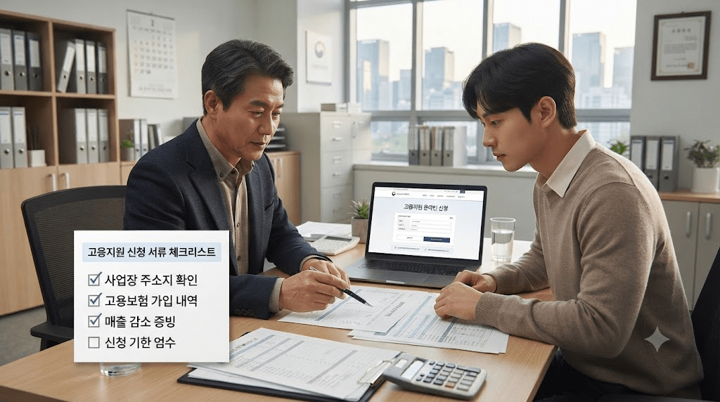 상담 창구에서 서류를 함께 검토하는 두 사람