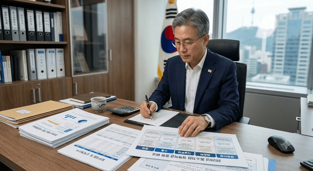 책상에 펼친 서류를 검토하는 남성