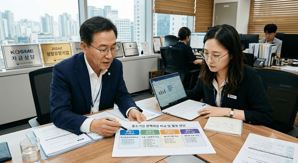 상담 창구에서 서류를 함께 검토하는 두 사람