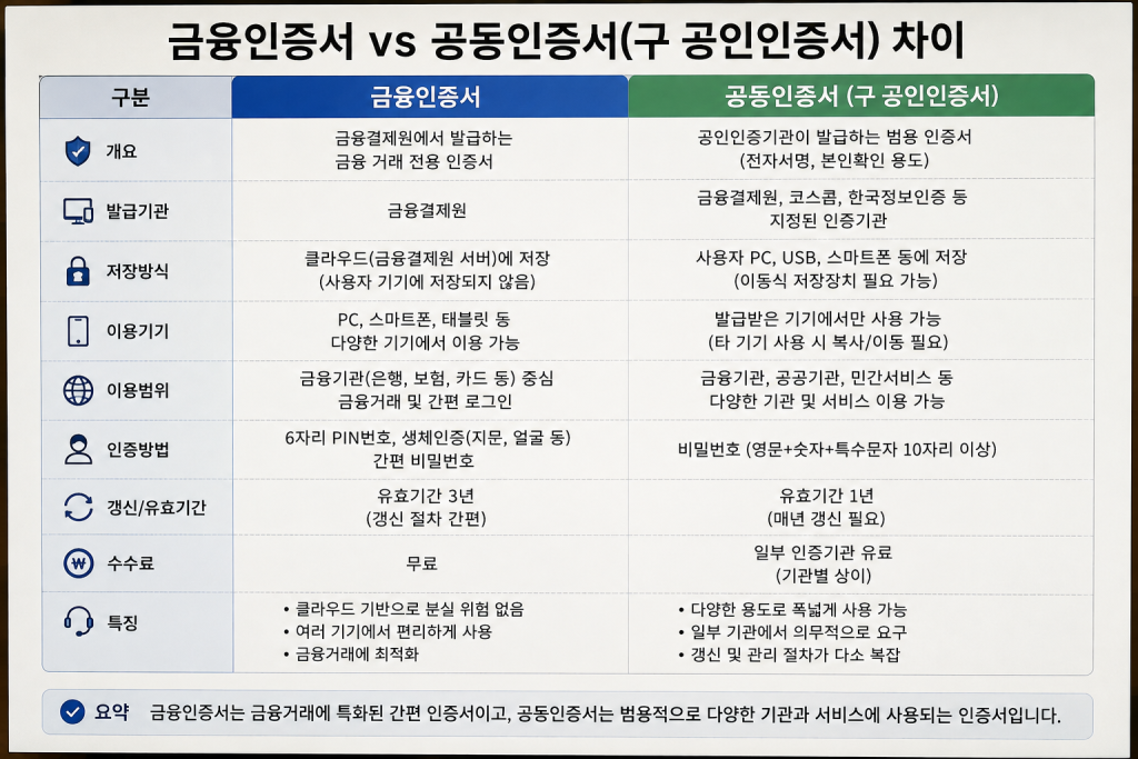 금융인증서와 공동인증서 비교표