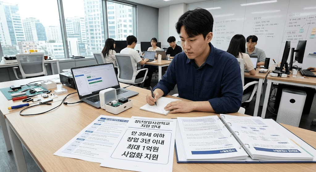 책상에 펼친 서류를 검토하는 남성