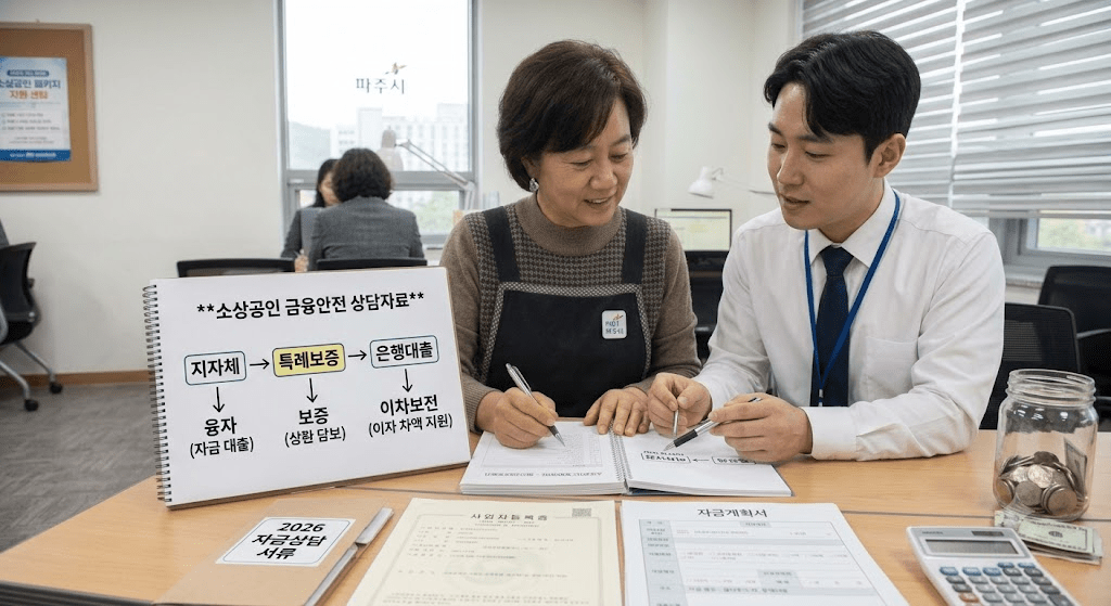 상담 창구에서 서류를 함께 검토하는 두 사람