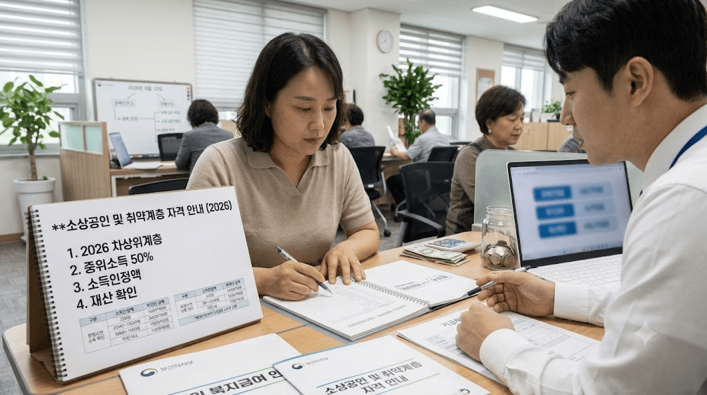 상담 창구에서 서류를 함께 검토하는 두 사람