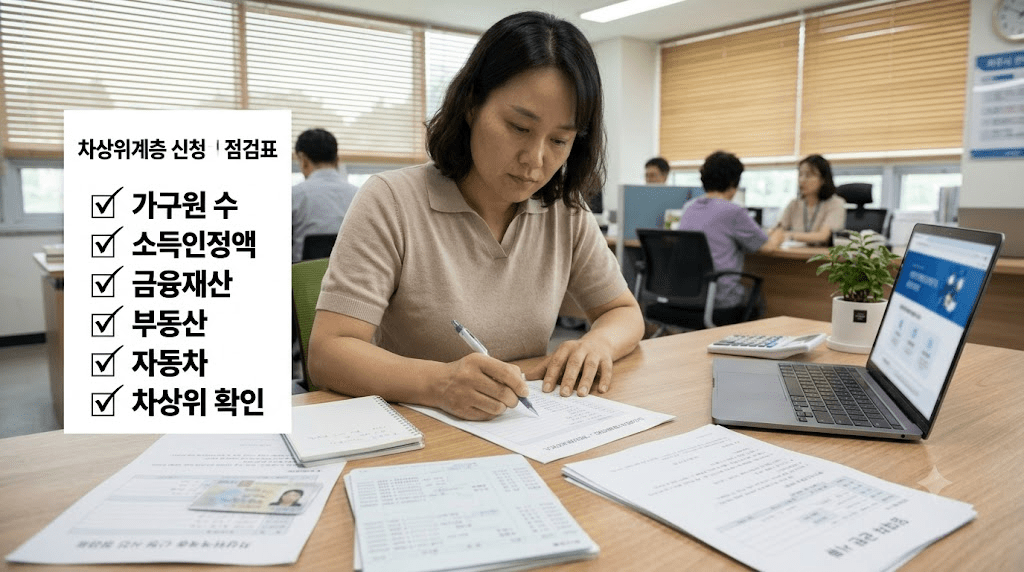 책상에 펼친 서류를 검토하는 여성